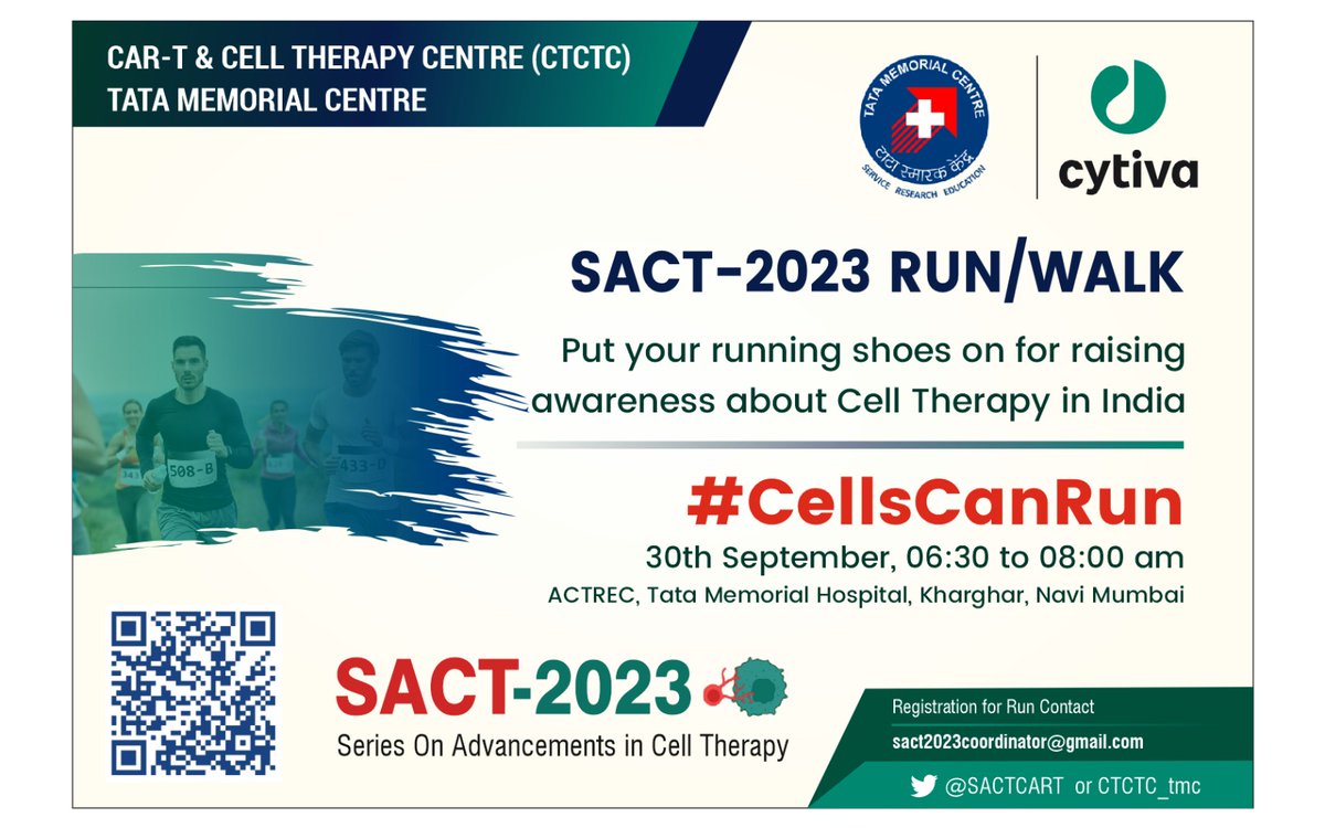 You can join us virtually also! #CellCanRun - SACT RUN/WALK Creating more awareness about #CART #CellTherapy in India Scan & Register Share a snapshot of the miles @CTCTC_tmc @ISCT_ESP @EWhiteheadFdn @sitcancer @NCI_CCR_PedOnc @BLLPHD @GruppSteve @WorldSIOP @DrGauravNarula