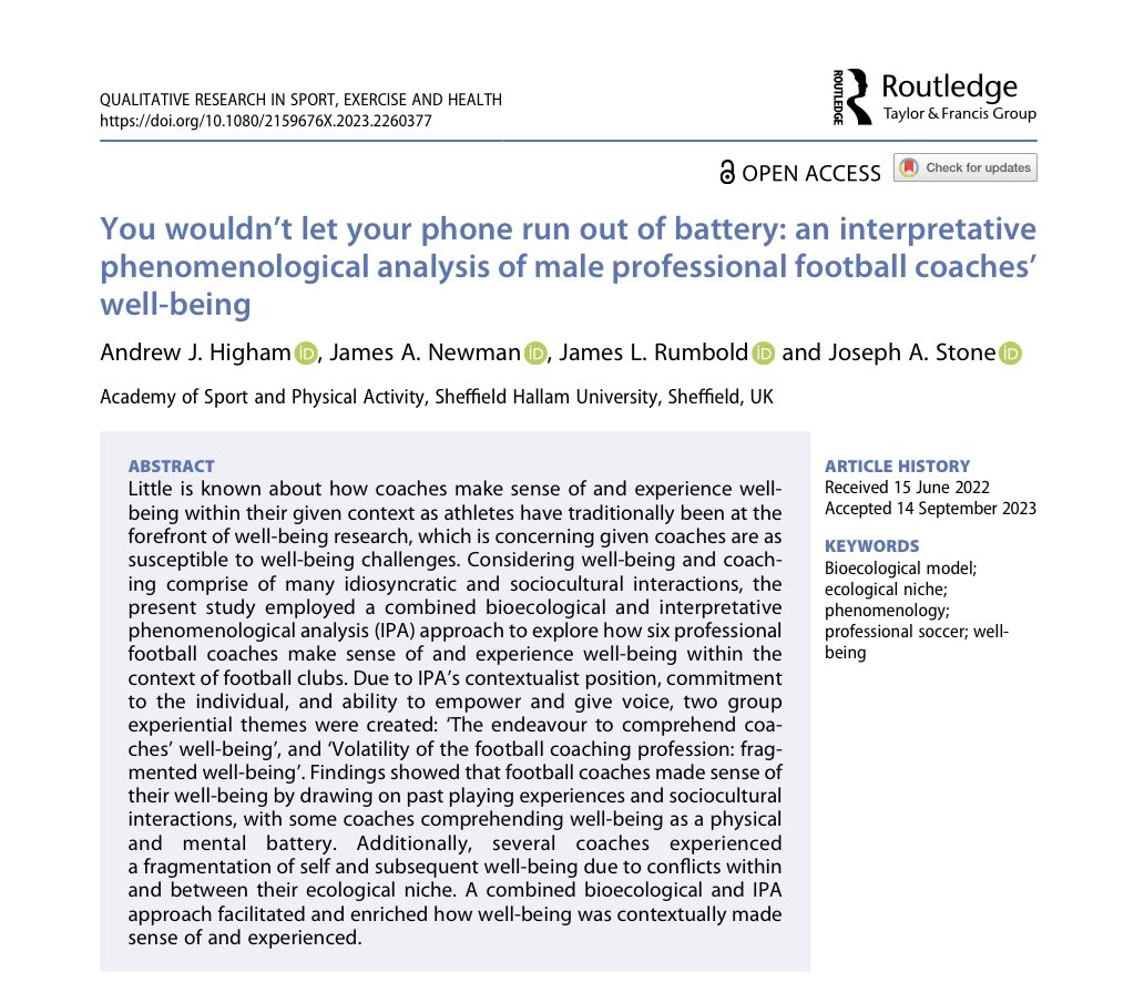 Check out our latest paper in @QualiSEH which illuminates how multi-layered contextual interactions can shape coaches’ ‘well-being’ sense-making and associated experiences within football contexts. 

#sportpsychology #wellbeing #footballcoaching 

doi.org/kvd9