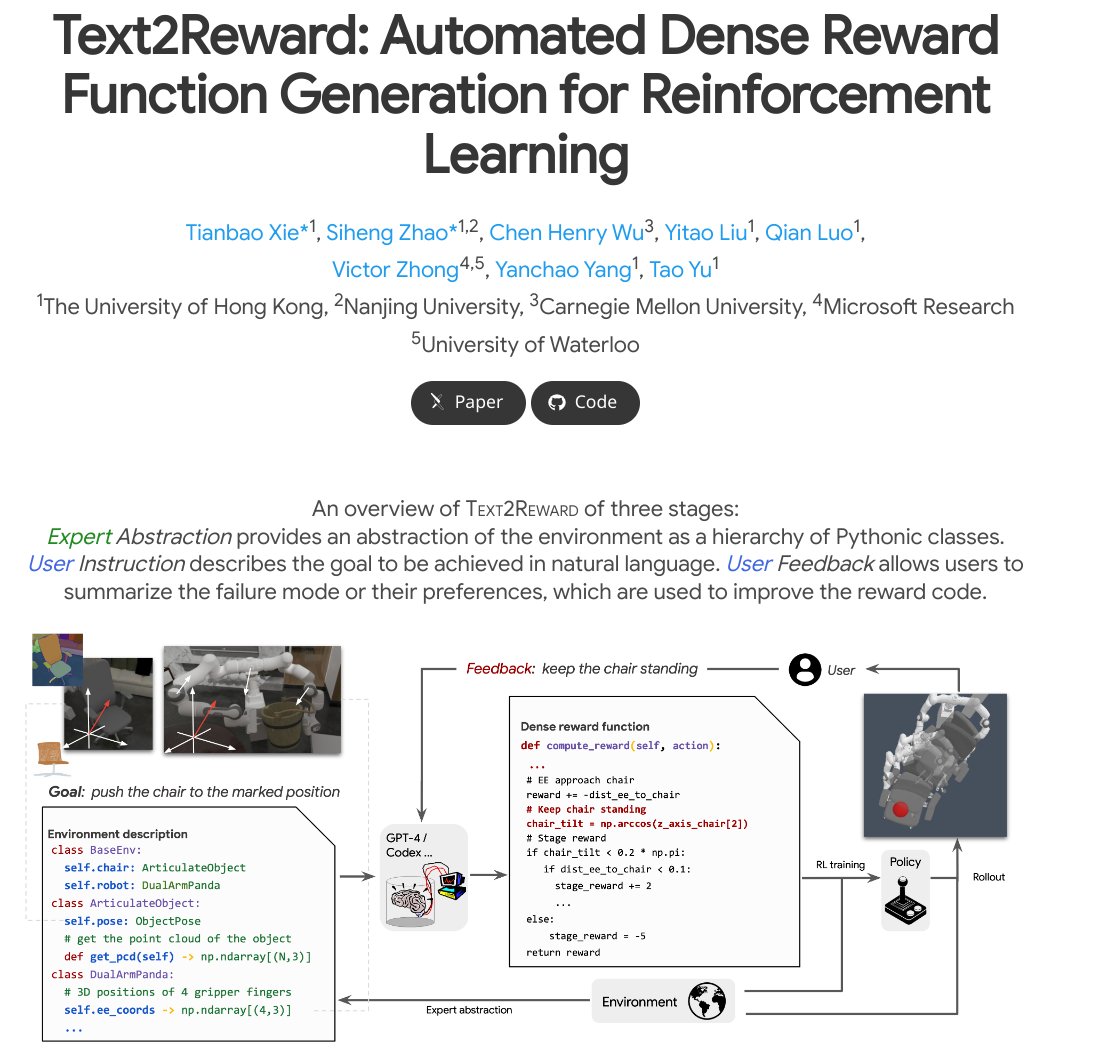 Text2Reward: Automated Dense Reward Function Generation for Reinforcement Learning proj: text-to-reward.github.io abs: arxiv.org/abs/2309.11489