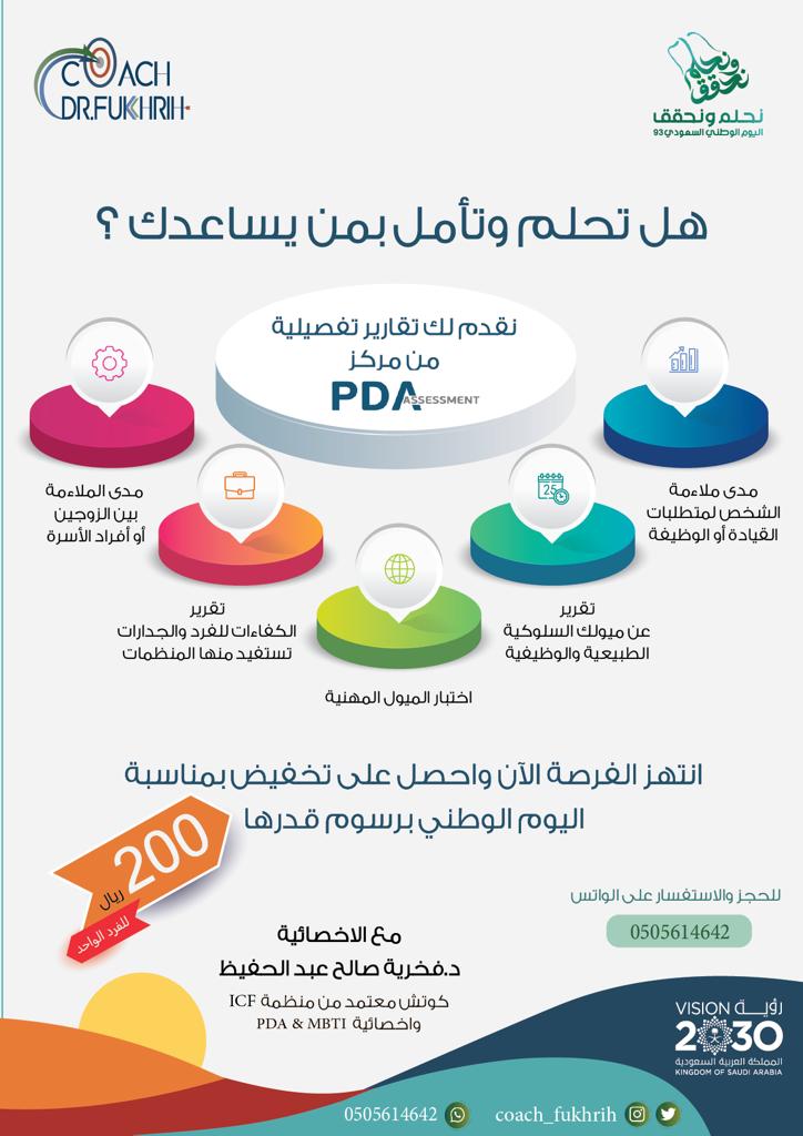 انت تحلم ونحن نساعدك
تحت اشراف شركة روائد التميز
نقدم لكم تقارير مفصلة من مركز PDA
انتهز الفرصة بمناسبة اليوم الوطني السعودي برسوم وقدرها 200 ريال للفرد الواحد شاملا جلسة الكوتشنج مع
 الاخصائية د فخريه صالح
للتواصل والحجزعبر الواتس 
 0505614642