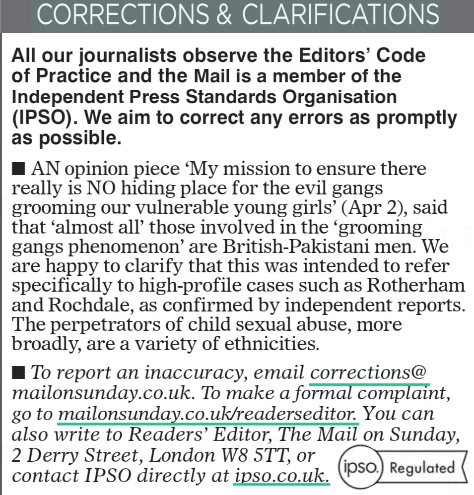 miqdaad's tweet photo. Today, the Mail on Sunday corrected Home Secretary @SuellaBraverman's lie that "almost all" involved in grooming gangs are British-Pakistani men (following @cfmmuk complaint)

Her own department's report explained how that was not true

Will there be any consequences for her lie? https://t.co/Xg8D4zL6uq