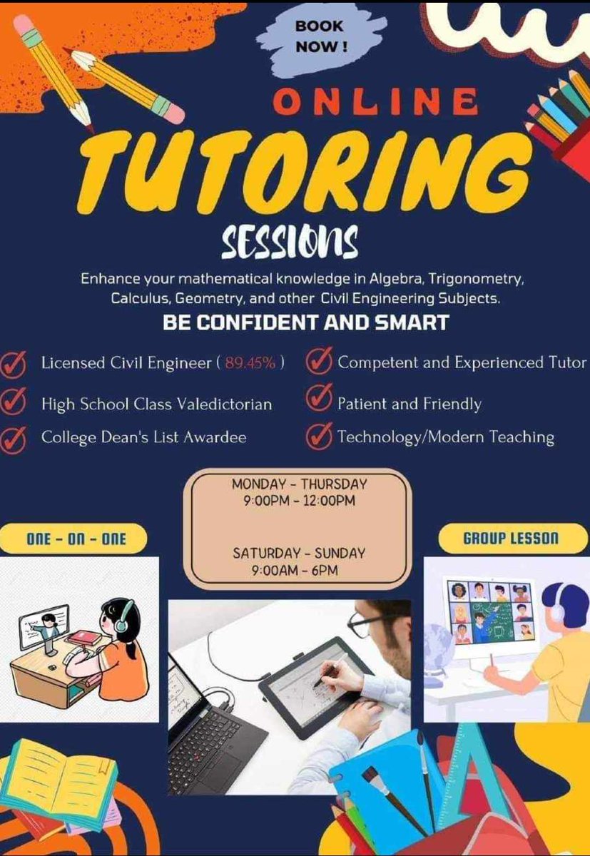 Hello! If anyone needs assistance with the upcoming exam, you may msg me! 
#CivilEngineeringTutor
#Math
#Trigonometry 
#Physics
#Algebra
#Calculus
#MechanicsofRigidBodies
#Surveying
#StaticsofRigidBodies