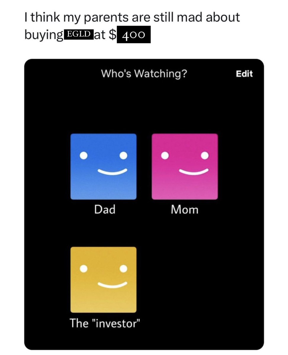 Pentru toti investitorii in #MultiversX care au cumparat in top, va doresc o duminica in familie cat mai linistita.