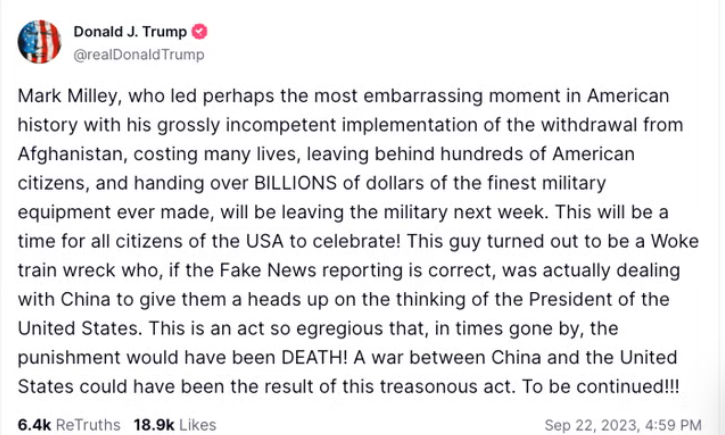 TheRickWilson's tweet photo. I take a light day or two and come back to Trump wanting to execute Mark Milley.

But tell me more about how both sides are just the same. https://t.co/PC4Lr9Tld6
