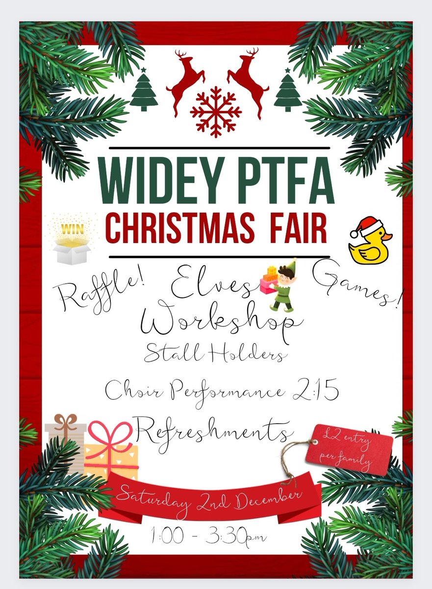 WideyCourtPTFA (@wideyptfa) on Twitter photo Save the date <a href="/wideyprimarysch/">Widey Court Primary School</a> families! Saturday 2nd December is our Christmas Fair date 🎄 Join us for a great afternoon of family fun 😊 Save the date <a href="/wideyprimarysch/">Widey Court Primary School</a> families! Saturday 2nd December is our Christmas Fair date 🎄 Join us for a great afternoon of family fun 😊