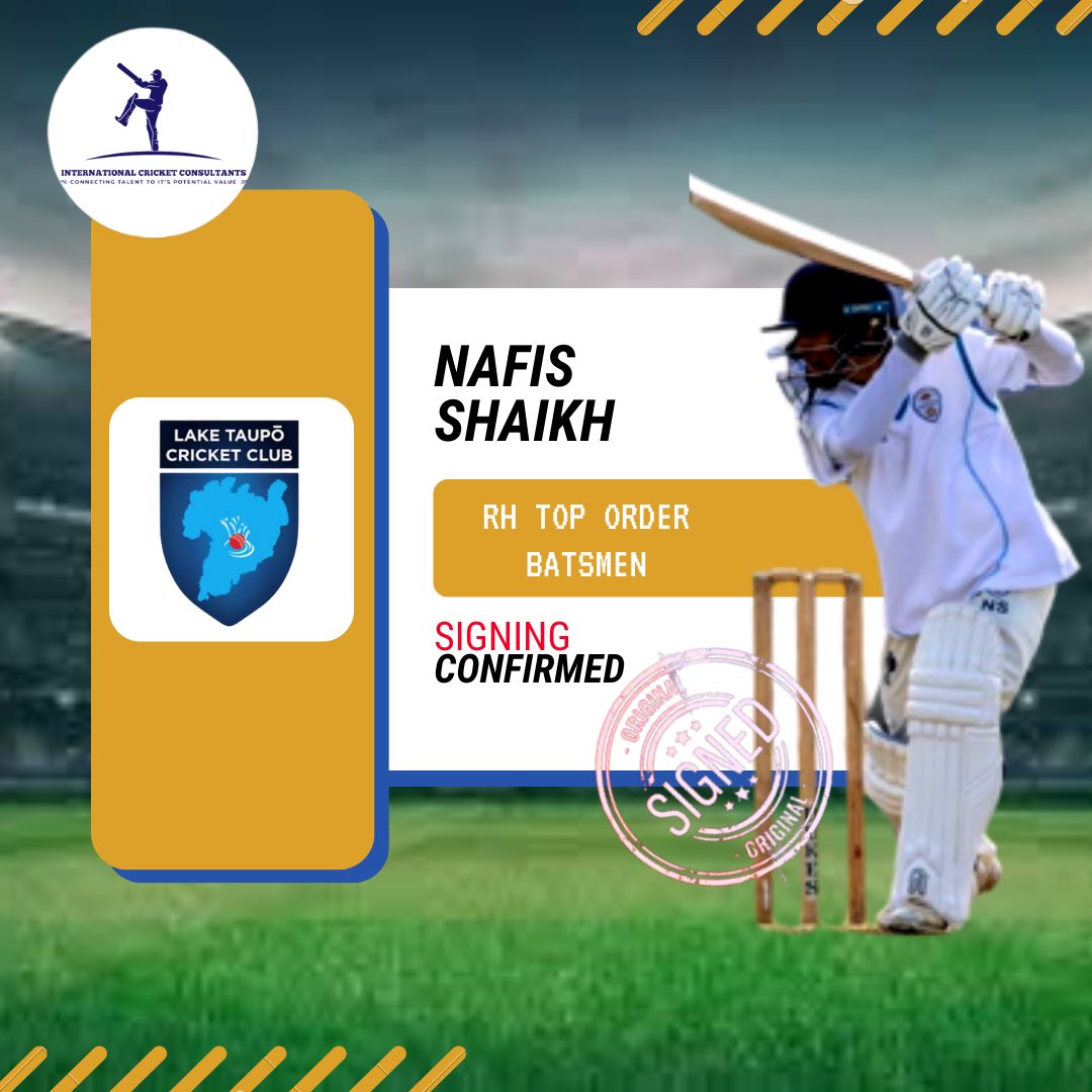 Nafis Shaikh signs for Lake Taupo CC for the 2023-24 season. Nafis will take on the role of overseas player-coach. Exclusively Represented By International Cricket Consultants ✅ For Queries: Call: +44 7401 655464 Email: info@internationalcricketconsultants.com