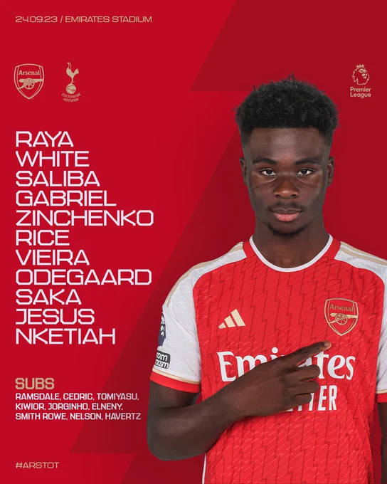 Starting XI: Raya, White, Saliba, Gabriel, Zinchenko, Rice, Vieira, Odegaard, Saka, Jesus, Nketiah

Substitutes: Ramsdale, Cedric, Tomiyasu, Kiwior, Jorginho, Elneny, Smith Rowe, Nelson, Havertz