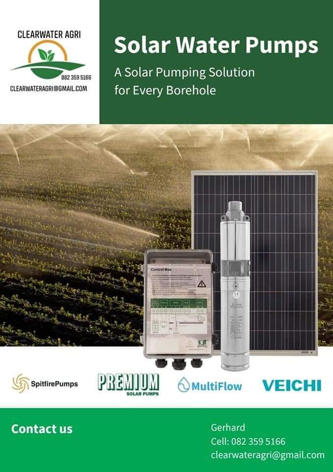 A Solar Pumping Solution for Every Borehole. Don’t take a risk, do a free sizing today! Our software shows you exactly how the solar pump will perform in your area and in your borehole .
Windhoek , Honeydew ,
 Somerset West 
Gerhard
☎️ 082 359 5166 
clearwateragri@gmail.com
