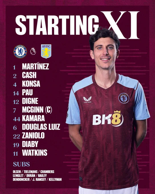 Aston Villa team to face Chelsea: Martínez, Cash, Konsa, Pau, Digne, McGinn (captain), Kamara, Douglas Luiz, Zaniolo, Diaby, Watkins. Substitutes: Olsen, Tielemans, Chambers, Lenglet, Durán, Bailey, Dendoncker, Jacob Ramsey, Kellyman.