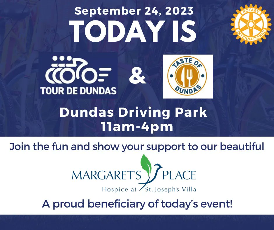 Tour de Dundas/Taste of Dundas is TODAY at Dundas Driving Park, 11am-4pm! No registration needed. Bring friends &amp; a chair for local food, beer, fashion &amp; live music! Visit Margaret’s Place tent to explore Dundas’ Hospice, today's beneficiary. Your support counts! See you there!