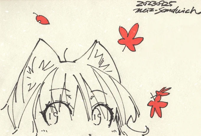 【アナログ2005:紅葉】顔の上半分だけ描くこのやり方もだいぶ続いています。#狐娘 #絵葉書 #紅葉 