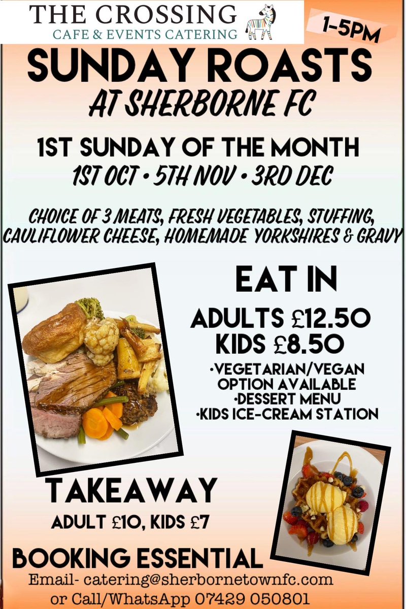 This time next week our Sunday roasts will have started. Make sure you get booked in now by contacting the info on the poster #Zebras #SundayRoasts #Sherborne #Dorset @swsportsnews @Abbey_104 @sherbornetimes @sportwestdorset @SherborneTownCl @SherborneCOT
