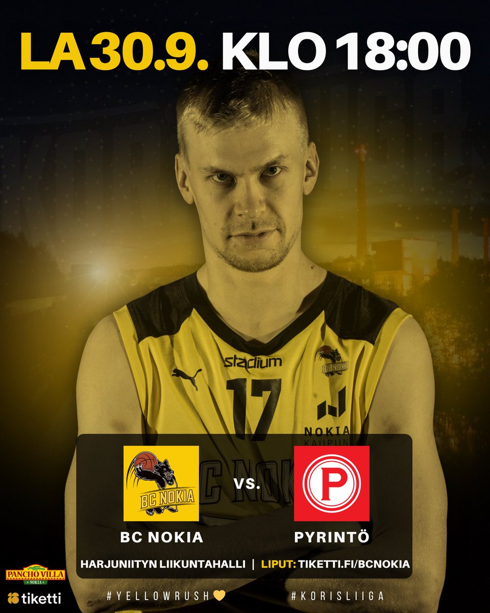 BCNokia's tweet photo. BC Nokia avaa Korisliiga-kauden todellisella herkkupalalla, kun Harjuniityn liikuntahallissa vastaan asettuu paikallisvastustaja Tampereen Pyrintö.

⚔️ : BC Nokia vs. Tampereen Pyrintö 
📆 : La 30.9. klo 18:00 
🎟️ : https://t.co/5Sj2TMtpMw

#YellowRush💛 #Korisliiga #VisitNokia https://t.co/Bca6DHS4cY