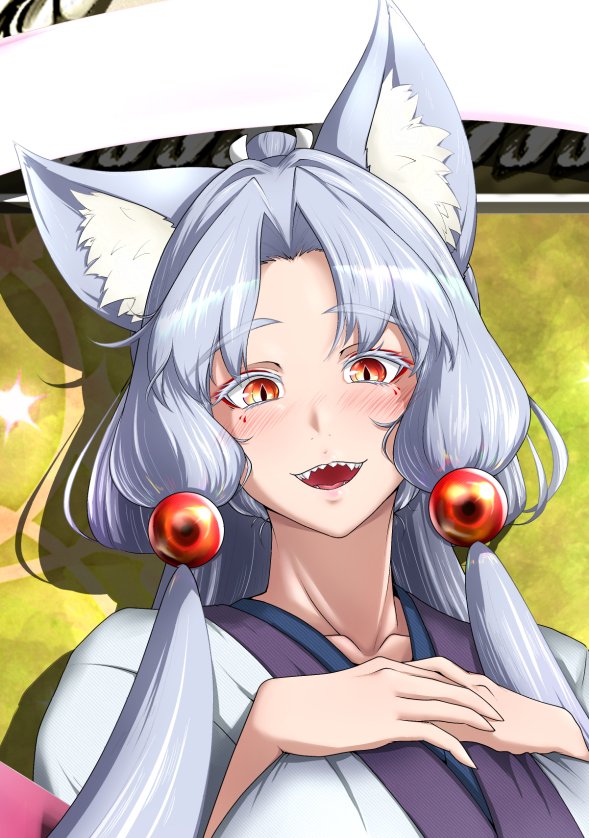 1girl animal ears japanese clothes fox ears long hair solo grey hair  illustration images