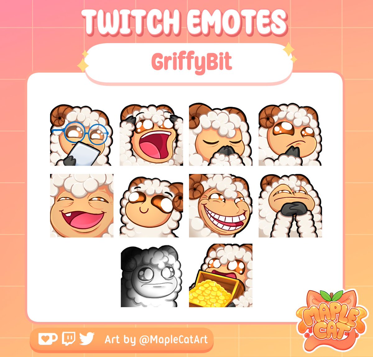 MapleCatArt's tweet image. All new emotes coming very soon to @BitGriffy 🧡✨
I love doing meme and cursed emotes, this set was a joy to work on, with more exciting things on the way! 

#TwitchEmoteArtist #twitcheemotes