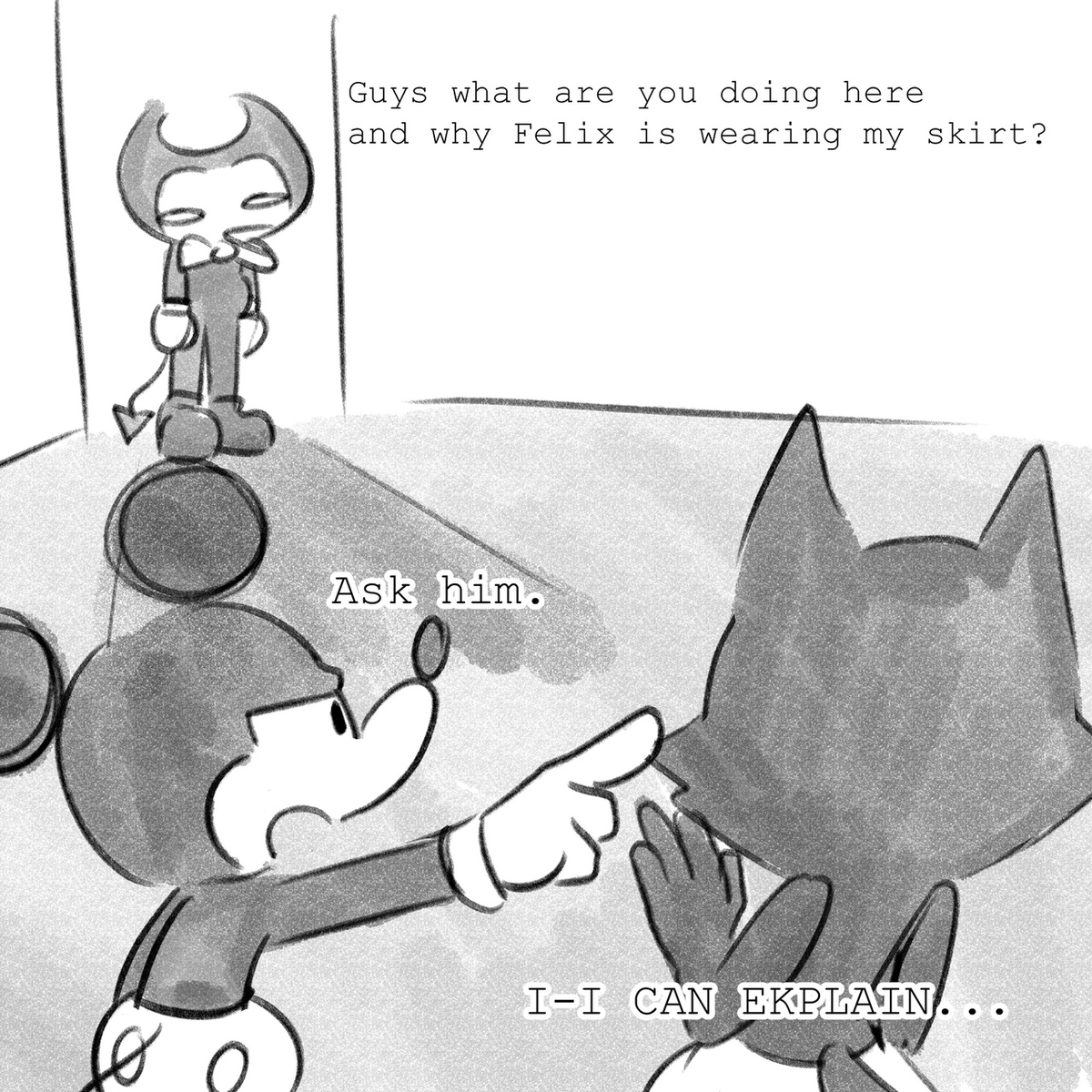 Noname_WTH's tweet photo. my friend translates "Old Times" and she had showed me Felix in skirt from there
that's the context
#Mickey_Mouse #FelixTheCat #BATIM https://t.co/nxGeQGMXNj