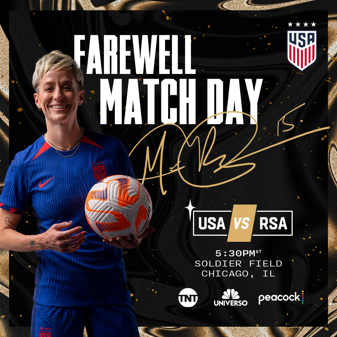 Pinoe's last dance 💃 𝓕𝓪𝓻𝓮𝔀𝓮𝓵𝓵 𝓜𝓪𝓽𝓬𝓱 𝓓𝓪𝔂 🇺🇸USA vs South Africa 🇿🇦 5:30 PM ET 📍 Chicago 📺 TNT / Universo, Peacock Match Preview » ussoc.cr/USAvRSAChi #USWNT x @Allstate