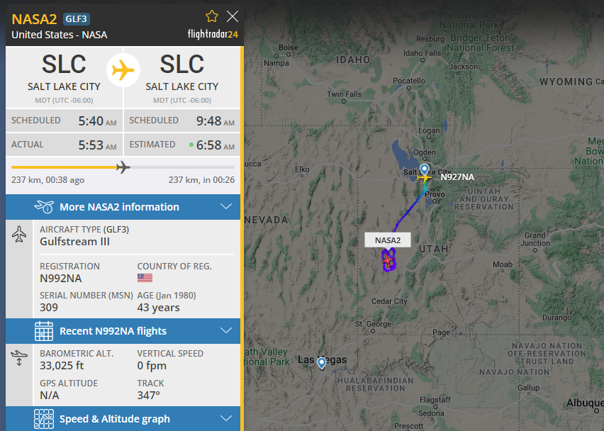 MeNMyRC1's tweet photo. The NASA Gulfstream III, N992NA is up to support re-entry and the WB-57 is just taking off out of Salt Lake. Based on an earlier fam flight, it should set up just North of the Gulfstream. https://t.co/uCVBVToizl