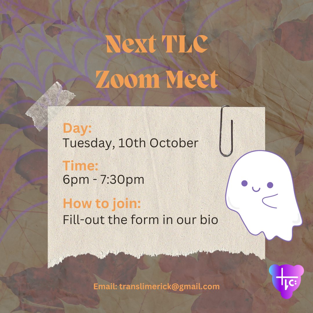 TLC - Trans Limerick Community (@translimerick) on Twitter photo Our next Trans Limerick Community virtual Zoom meet is coming up!!
π³οΈββ§οΈβ§οΈ ππ€ππ€
Date: Tuesday, 10th of October
Time: 6pm to 7:30pm
How to join: Fill in the form linked in our bio
#trans #community #meetup #ireland #limerick #transgender #transsexual #nonbinary #gender #lgbt Our next Trans Limerick Community virtual Zoom meet is coming up!!
π³οΈββ§οΈβ§οΈ ππ€ππ€
Date: Tuesday, 10th of October
Time: 6pm to 7:30pm
How to join: Fill in the form linked in our bio
#trans #community #meetup #ireland #limerick #transgender #transsexual #nonbinary #gender #lgbt