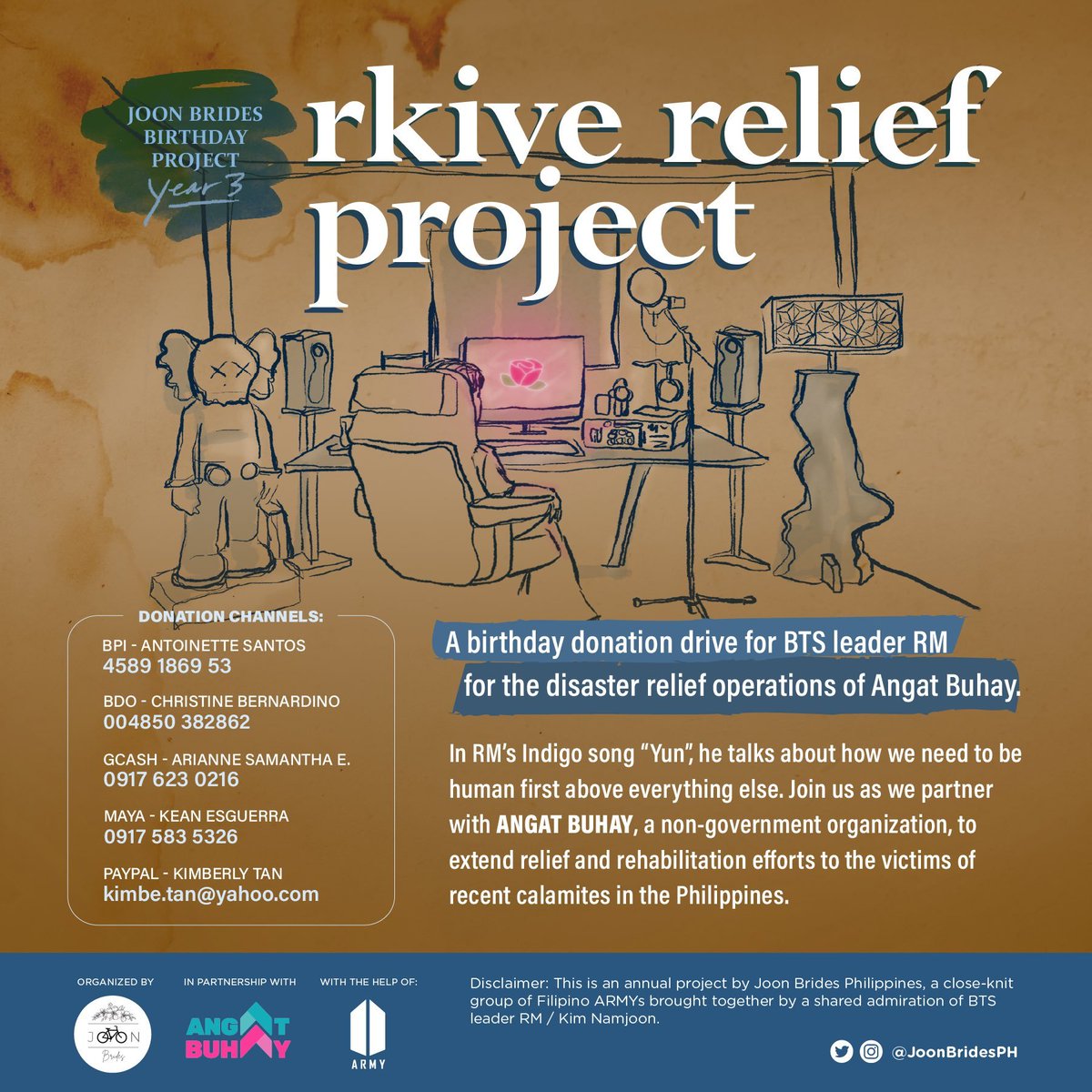 JoonBridesPH's tweet photo. We're still looking for donors for our month-long birthday donation drive for #RM. Funds will go to @angatbuhay_ph's relief & rehab efforts in the ๐ต๐ญ
Every peso & share helps!๐
To track donations, DM us or fill out: https://t.co/ZIVyEww2KK
#BTS #KimNamjoon #RkiveReliefProject https://t.co/gPdQfQpBpH