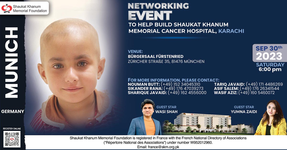 SKMCH's tweet image. Join us at the Networking Event in Munich, Germany, in support of Shaukat Khanum Hospital, Karachi on Saturday, September 30, 2023 

Register now: munich-2023.eventbrite.com 

For more details 👉 facebook.com/events/3586597…

#EuropeEvents #SKMCH #ShaukatKhanumKarachi #LetsMakeItHappen