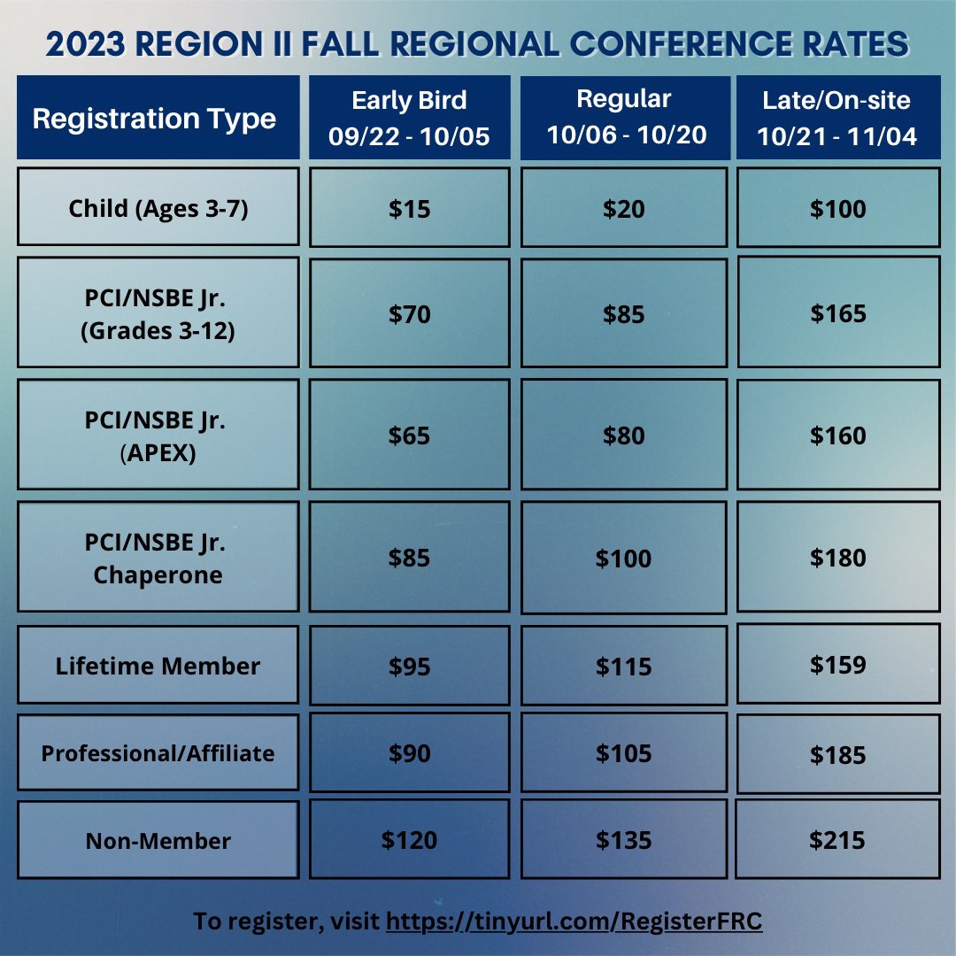 The moment you’ve all been waiting for, our Fall Regional Conference Registration is now OPENN! 🙌🏾🙌🏾

Be sure to register as soon as POSSIBLE! 

Registration Link: tinyurl.com/RegisterFRC

Hotel booking details coming soon! 💙