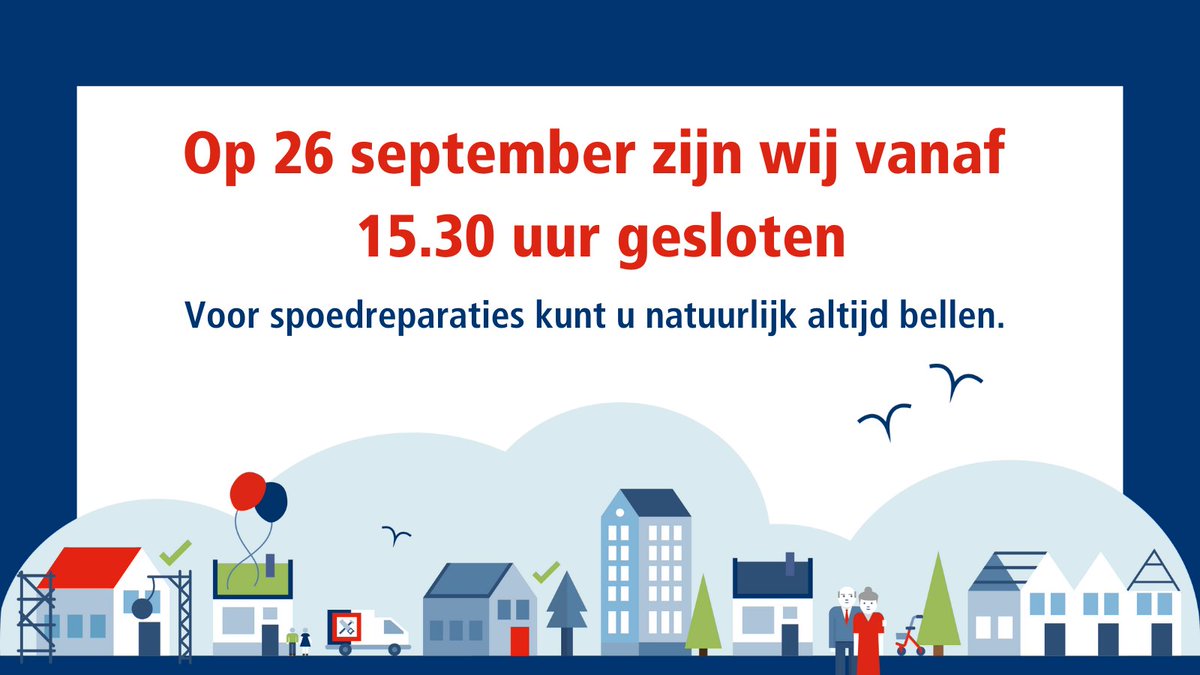 Dinsdag 26 september sluiten we eerder. Je kunt ons dan bereiken tot 15.30 uur. Bel je daarna, dan krijg je de boodschappendienst aan de telefoon. ☎️  

Op 27 september zitten onze klantadviseurs vanaf 09.00 uur weer voor je klaar.
