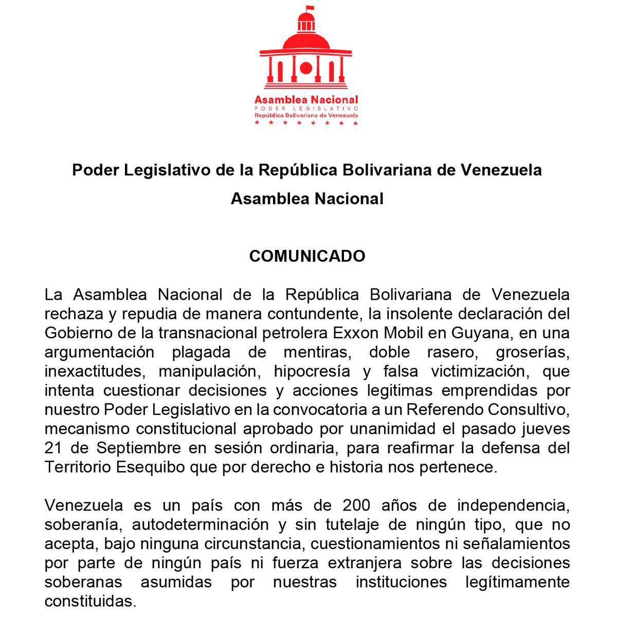 jorgerpsuv's tweet photo. La Asamblea Nacional de la República Bolivariana de Venezuela frente a las insolentes expresiones del Gobierno de la Exxon Mobil en Guyana https://t.co/fDAZlRHYrN