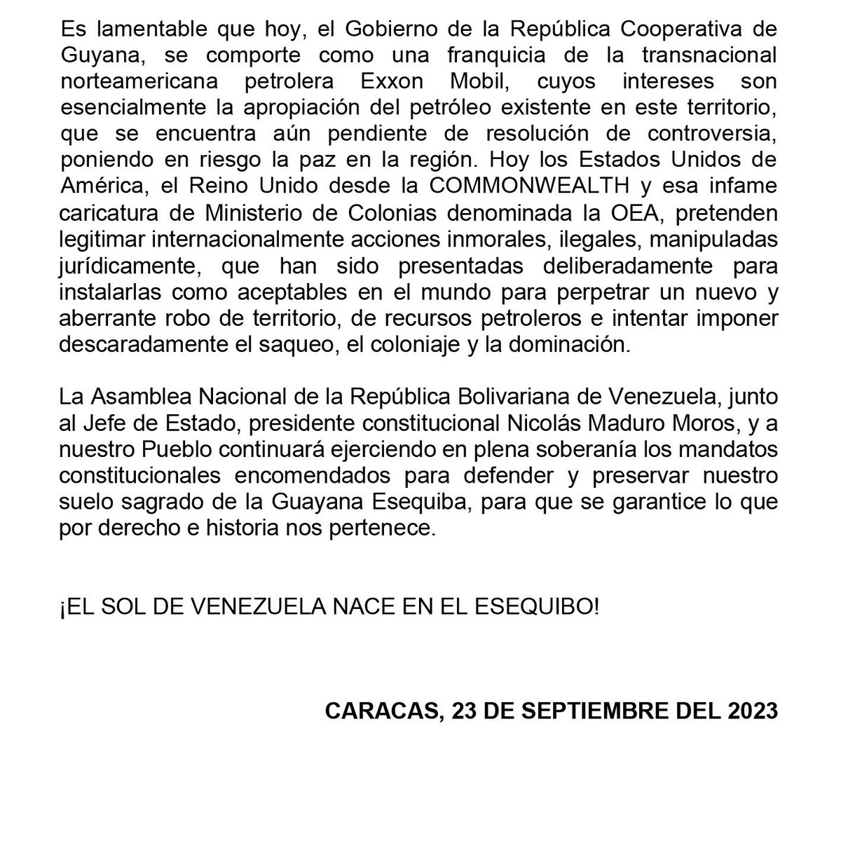 La Asamblea Nacional de la República Bolivariana de Venezuela frente a las insolentes expresiones del Gobierno de la Exxon Mobil en Guyana