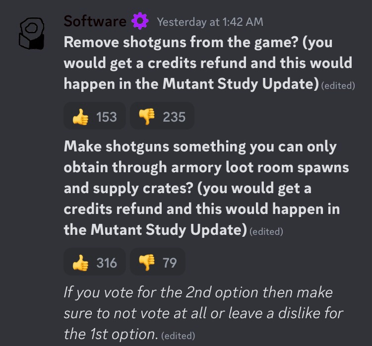 QEexpose's tweet photo. Poll by Quaternion Entertainment Owner Software in regards to the removal of shotguns in Blacksite Zeta. Shotguns are a common complaint amongst the players of Blacksite Zeta being some of the most powerful weapons in the game. https://t.co/n6zn4PxlLH