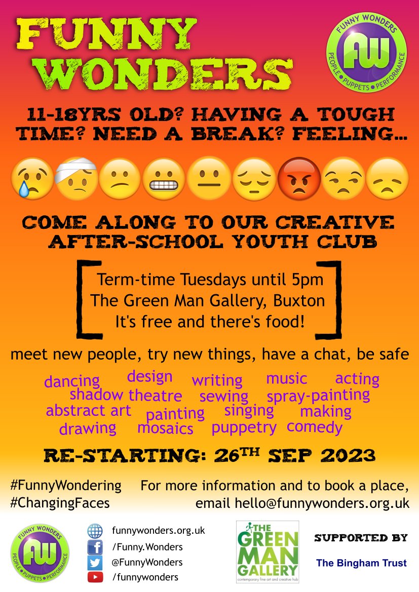 Our Tuesday after-school creative youth club restarts on 26 September. To refer a young person or for more information, email hello@funnywonders.org.uk Supported this year by The Bingham Trust. #ChangingFaces #FunnyWondering #Buxton #BuxtonCommunity #artclub #youth #youthclub