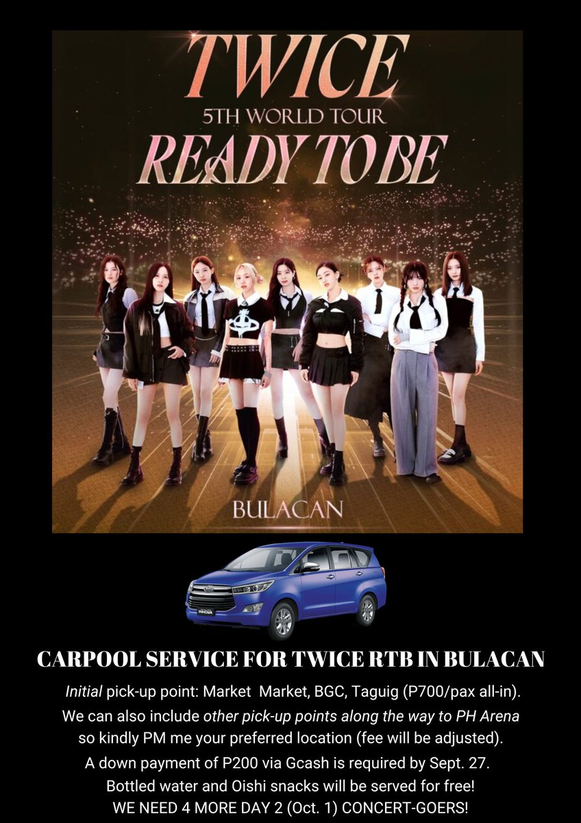 soulmatelove23's tweet photo. CARPOOL FOR DAY 2!!!
Please reply if interested! 😊🍭💕
#TWICE #READYTOBE #READYTOBE_IN_BULACAN #ONCE #ONCEPH https://t.co/DqyPTpVqJ5