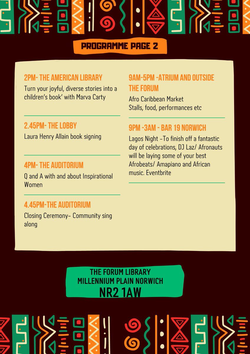 Less than a week until #BlackHistoryMonth  2023 launches <a href="/TheForumNorwich/">The Forum Norwich</a> and <a href="/MillenniumLib/">Norfolk & Norwich Millennium Library</a> and we are very excited to see <a href="/LauraHAllain/">Laura Henry-Allain (She/her)</a> <a href="/marvacartywrite/">Marva Carty</a> <a href="/CinemaCityNrw/">Cinema City</a> @CPSEastEngland <a href="/actnforchildren/">Action for Children</a> <a href="/VoluntaryNorfo1/">Voluntary Norfolk Communities</a> alongside the African and Caribbean Market 🧇🥙🌯🥘🥟🍛🍗