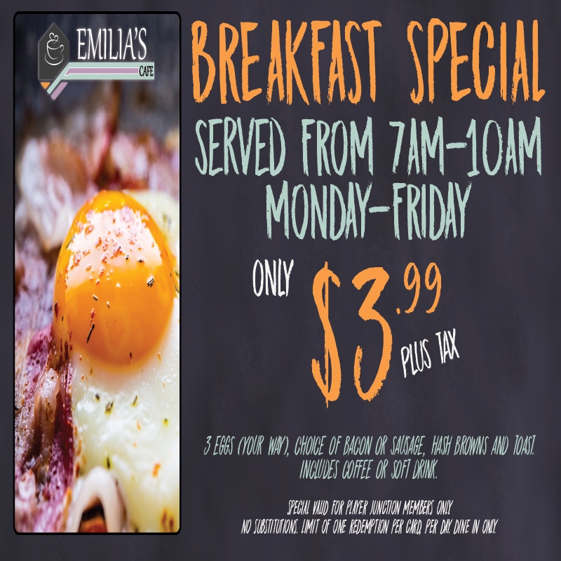 Rise &amp; Shine! It's breakfast special time for only $3.99! Three eggs, bacon or sausage, hash browns toast &amp; a coffee or soft drink included. No one can beat this deal! Come dine with us today!⁠
⁠
#breakfastspecial #cheapbreakfast #earlymorningeats #budgetbreakfast