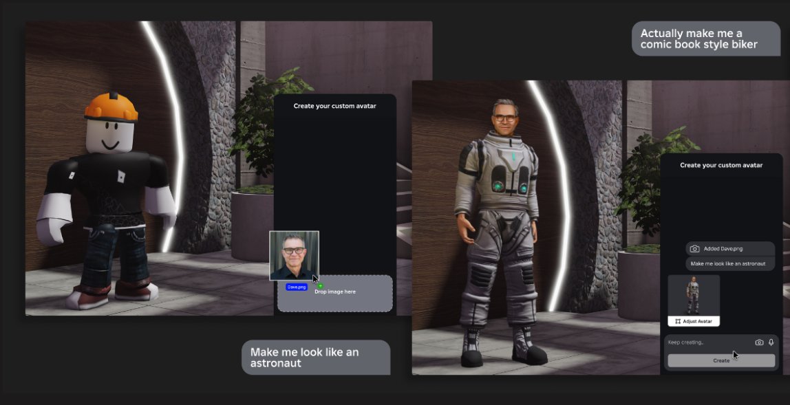 DevNews_Roblox's tweet image. Roblox newest blog post mentioned a new AI avatar creator. You need to drop a picture of yourself, and add a avatar style and it will start creating a avatar to wear in a Roblox game.

This post also mentioned other new things: blog.roblox.com/2023/09/revolu…