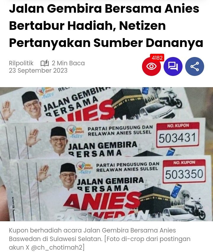 Hari ini Anies &amp; buzzeRPnya serentak pamer banyaknya yg datang.

Stlh jadi Gub tenyata masih bungul.
Bikin acara dgn doorprize besar2an lalu tnp malu membanggakan yg datang.
Bungulnya pang!

Jalan Gembira Bersama Anies Bertabur Hadiah, Netizen Pertanyakan Sumber Dananya.