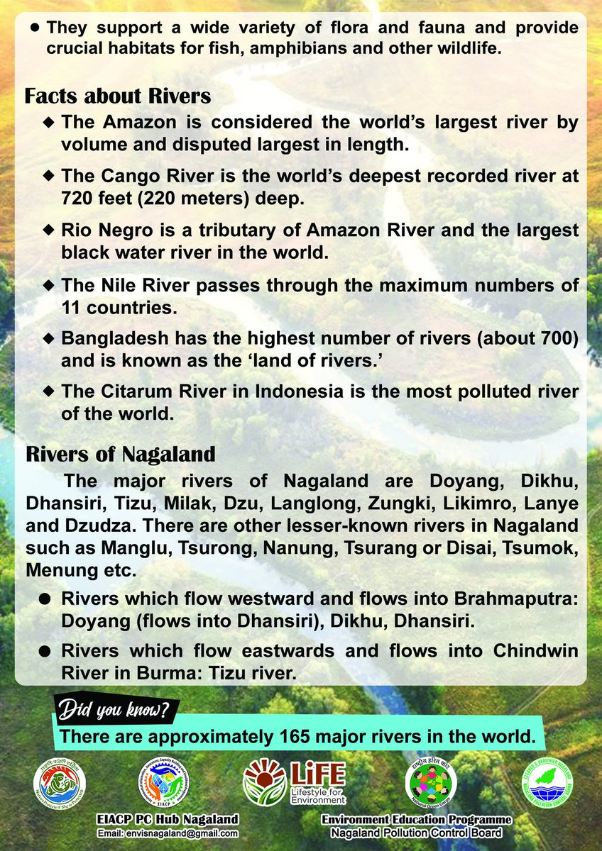 World Rivers Day
Date: 24th September 2023 

Theme: 'Rights of Rivers'

#WorldRiversDay #Rightsofrivers #RiversDay #EIACPNagaland