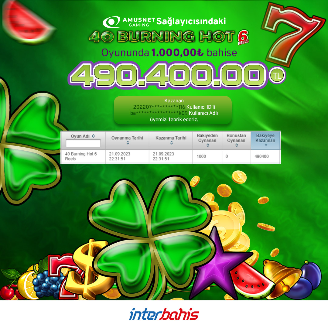 🍀☘️Bu 7ler ve Yoncalar  heyecanınızı zirveye çıkaracak‼️

🎰40 Burning Hot 6 Reels Oyununda 1.000,00₺ bahise 490.400.00 TL Kazanan 202207**********116 Kullanıcı ID'li ba****************k09 Kullanıcı Adlı üyemizi tebrik ederiz.  🥳

iyi.to/inter
#interbahis