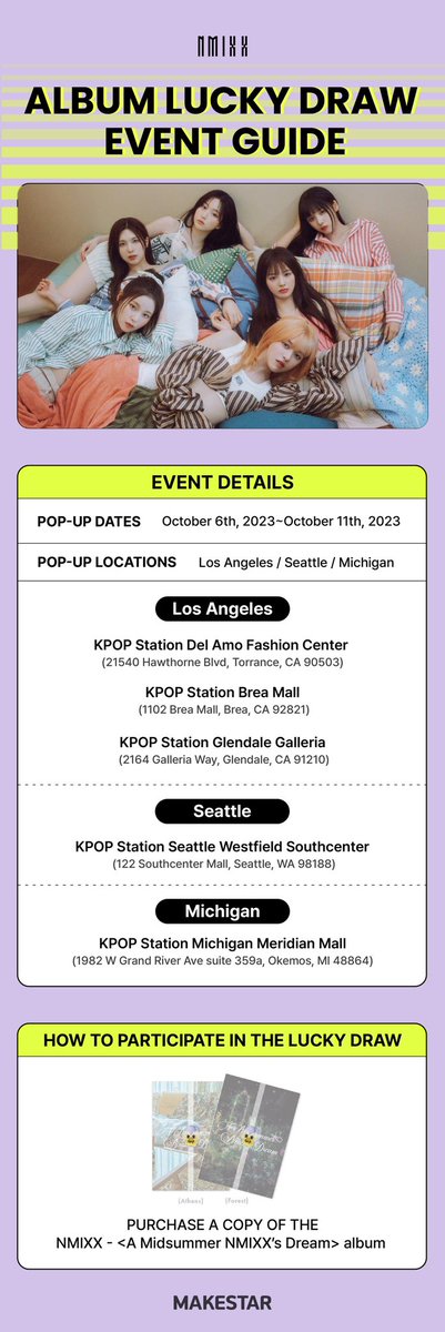 KPOPStation2020's tweet photo. Are you feeling LUCKY? 🍀☺️

Join us and @makestar_official for NMIXX <A MIDSUMMER NMIXX’S DREAM> USA POP-UP STORE LUCKY DRAW! 🌟✨

#MAKESTAR #NMIXX #KPOPSTATION #MAKESTAR_OFFICIAL https://t.co/OFOGVTmSts