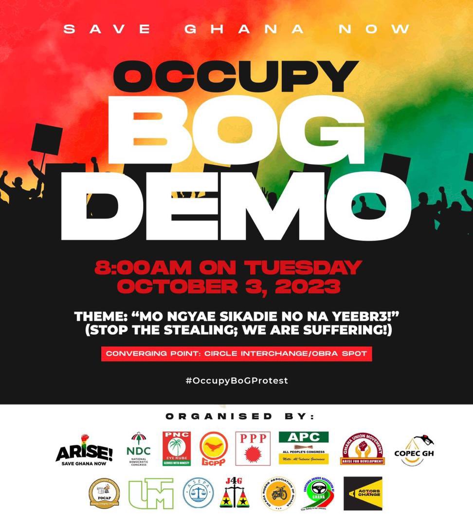 Join me as we Occupy the Bank of Ghana on October 3, 2023!
The time has come for us to voice our concerns about the unlawful printing of money for corrupt purposes, which has negatively impacted the lives of ordinary Ghanaians.