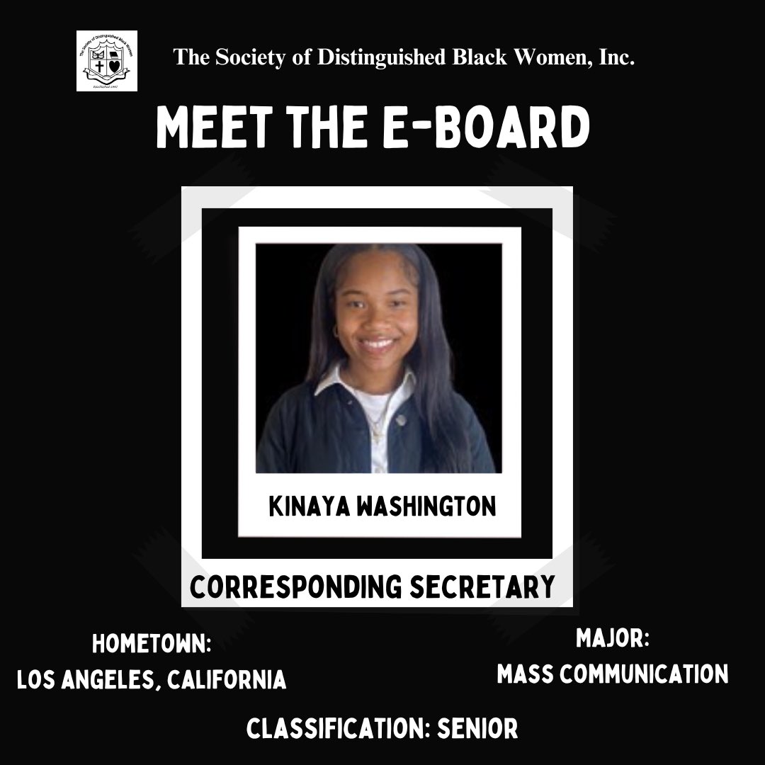 We are pleased to announce our newly elected CORRESPONDING SECRETARY for The Society of Distinguished Black Women, Inc. Executive board for the fall semester! 🦋

Congratulations Kinaya! Spr 22: 3 V.I.T.A.L Gem