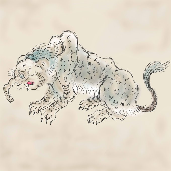だめだ眠くてかなわんス苦しまぎれ 獏 妖怪画もしゃおやすみなさいーまた明日ー 