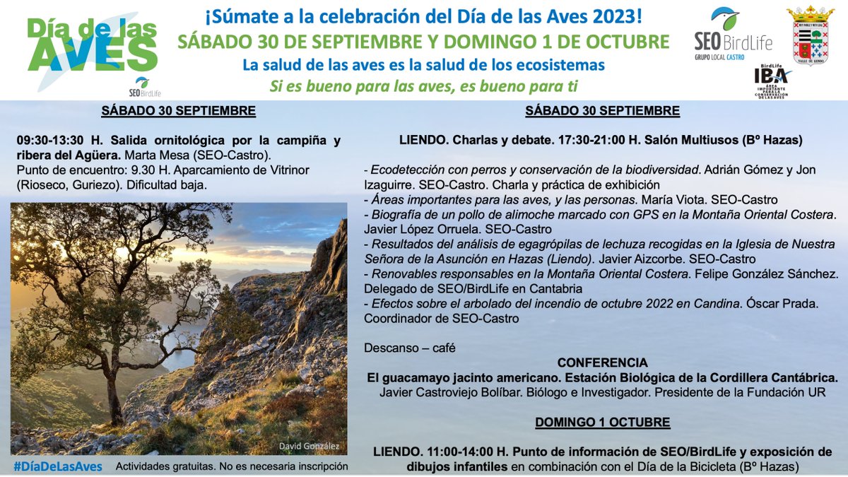 ¡Súmate a la celebración del #DíaDeLasAves de <a href="/SEO_BirdLife/">SEO/BirdLife</a>! 
🗓️30 SEPTIEMBRE y 1 OCTUBRE 
Salida ornitológica y charlas, contando con el privilegio de la participación de Javier Castroviejo, además de interesantes charlas de la gente del Grupo Local SEO-Castro. ¡Te esperamos!