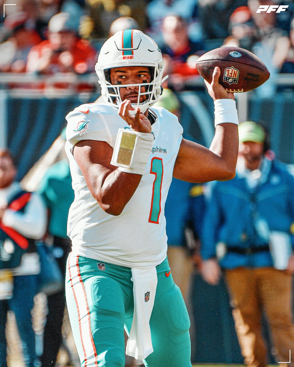 PFF's tweet image. Tua Tagovailoa in the first half: 

🔥 16/16
🔥 206 yards
🔥 2 TDs
🔥 158.3 perfect passer rating 
🔥 35-10 lead