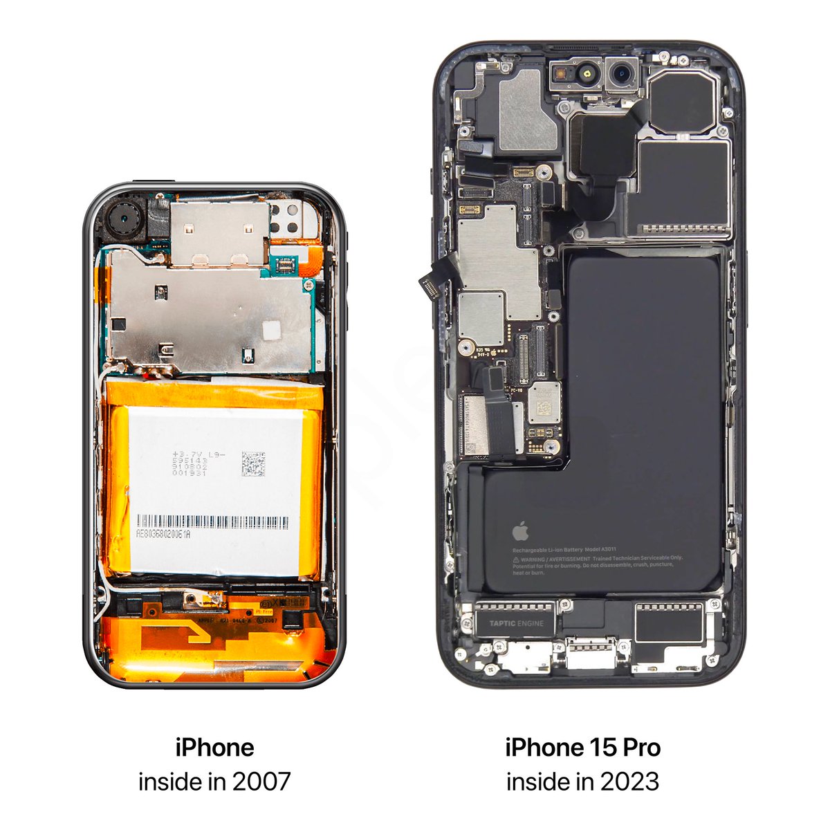 theapplecycle's tweet photo. iPhone internals in 2007 vs. 2023! https://t.co/nJ0n7Qkzec