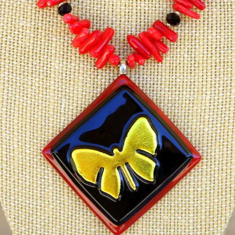 Color-shifting Dichroic Glass #Butterfly Pendant #Necklace w/ Red #Coral & Black Onyx!  bit.ly/FlyingFree via @ShadowDogDesign #ShopSmall #Handmade #ButterflyNecklace
