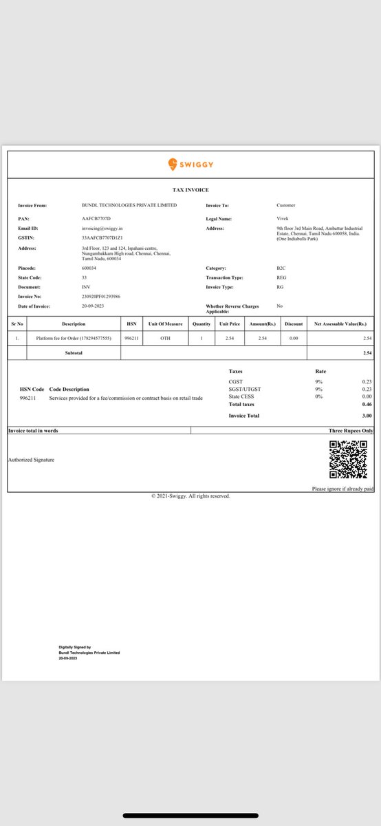 Luvabl_Idiot's tweet photo. @Swiggy Order Number 178294577555 / Order done for ₹746 however as per invoice total amount is ₹3. Requested for an amended invoice however swiggy hasn’t yet provided the same for the last 4 days. #Swiggy https://t.co/vJCci55FxJ