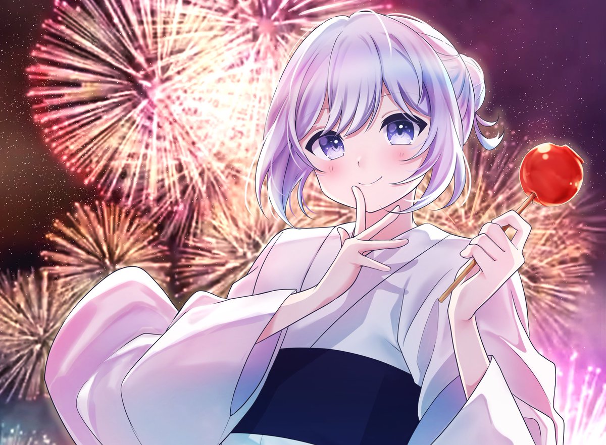 1girl kimono japanese clothes solo fireworks food smile  illustration images
