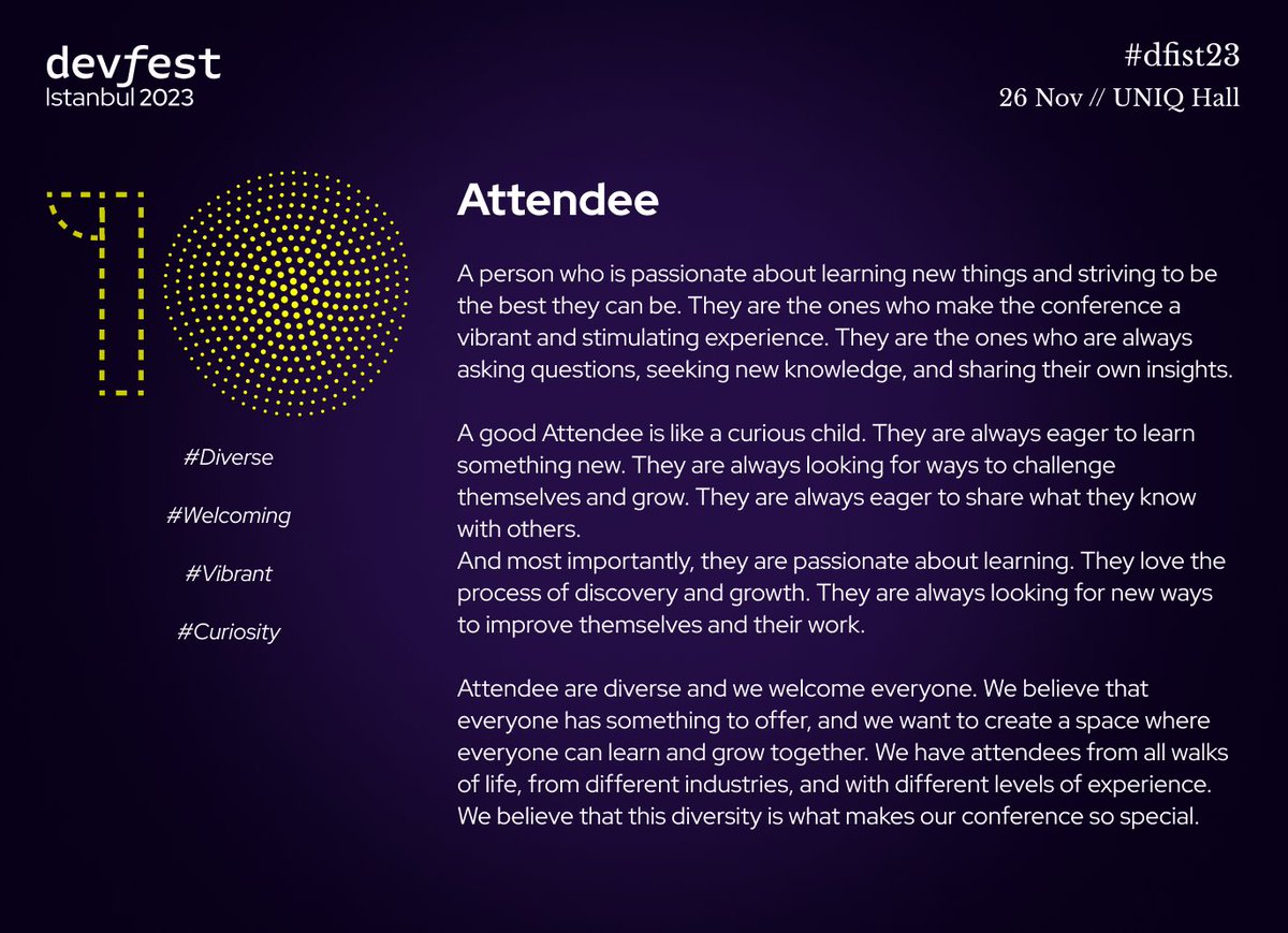 Devfest İstanbul'un yıldızları, sizlersiniz! 🌟

Onlarca konuşmanın yanısıra; sizlerin interaktif katılımı, etkileşimi ve soruları ile birlikte, etinliğin her anını unutulmaz bir deneyim haline getiriyoruz.🙌🏼

Sizleri DevFest İstanbul’da görmek için sabırsızlanıyoruz! 💫