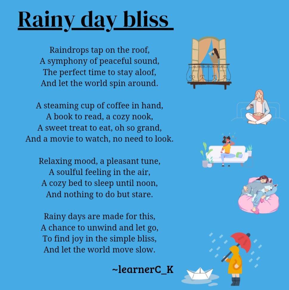 learnerC_K's tweet photo. #Rainydaybliss #RainyDays #poem #poetrycommunity #WritingCommmunity #writer #soulful #bliss #music #lazy #peace #sleep #mood #GoodVibesOnly #creator #artist #learnerC_K https://t.co/SpzCEtpmbh
